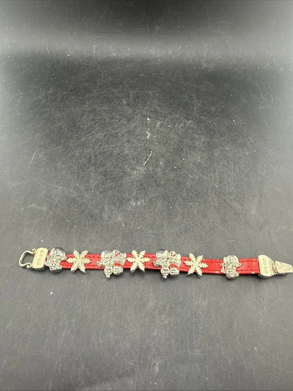 Vintage 80s 90s Christmas Slide Charm Bracelet Red Faux Leather Silver Tone